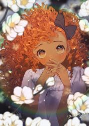 Rule 34 | 1girl, artist name, blurry, blurry background, blush, bow, brown eyes, colorful, curly hair, dark skin, dress, flower, hair bow, highres, long hair, looking at viewer, nachoz (nachozart), orange hair, original, own hands together, short sleeves, signature, solo, upper body