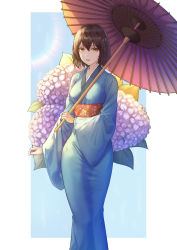 Rule 34 | 1girl, absurdres, bad id, bad pixiv id, blue kimono, breasts, brown hair, floral print, flower, hair between eyes, helawid, highres, holding, holding umbrella, hydrangea, japanese clothes, kimono, looking at viewer, obi, oil-paper umbrella, original, outside border, parted lips, sash, solo, standing, umbrella, wide sleeves, yellow eyes