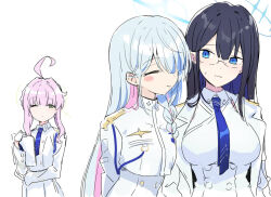 Rule 34 | 3girls, :&gt;, ahoge, black hair, blue archive, blue eyes, blue hair, blue necktie, blush stickers, braid, braided bun, clipboard, closed eyes, collared shirt, colored inner hair, general student council president (blue archive), glasses, gloves, green eyes, hair bun, hair over one eye, halo, holding, holding clipboard, itamochi, jacket, kaya (blue archive), light blush, long hair, multicolored hair, multiple girls, necktie, one eye closed, pink hair, rin (blue archive), shirt, sweatdrop, white gloves, white jacket, white shirt