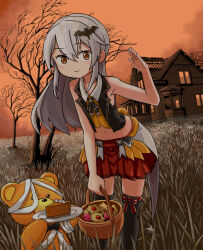 Rule 34 | 1girl, 1other, ankimo (tokino sora), bat hair ornament, black vest, brown eyes, brown sky, commentary, cookie, english commentary, flat chest, food, grass, grey hair, hair between eyes, hair ornament, halloween bucket, hololive, house, leaning forward, long hair, midriff, miniskirt, navel, official alternate costume, official alternate hair color, pie, red skirt, sixten, skirt, smile, stuffed animal, stuffed toy, tall grass, teddy bear, thighhighs, tokino sora, tokino sora (1st costume), tree, vest, virtual youtuber