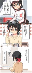 Rule 34 | 1girl, 3koma, baseball cap, belt, black hair, blue eyes, comic, commentary, commentary request, glasses, gloves, hat, highres, jumpsuit, katie-chan, kyoto tool, long hair, mascot, mechanic, ponytail, solo, sweater