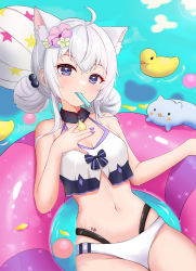Rule 34 | 1girl, absurdres, afloat, ahoge, animal ear fluff, animal ears, barcode, barcode tattoo, bikini, blue eyes, blush, bow, bow bikini, cat, choker, collarbone, double bun, extra ears, flower, food in mouth, grey hair, hair bun, hair flower, hair ornament, halterneck, hand on own chest, hand up, highres, innertube, looking at viewer, lying, navel, original, popsicle, popsicle in mouth, rubber duck, solo, swim ring, swimsuit, takeawatch, tattoo, water, white bikini