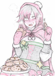 Rule 34 | 1girl, ?, blush, christmas, cloak, commentary, cookie, eating, english commentary, food, grey eyes, heart, heart-shaped pupils, highres, holding, holding cookie, holding food, hood, hood up, looking at viewer, mittens, rolling eyes, ruby rose, rwby, short hair, simple background, sketch, solo, symbol-shaped pupils, tabletorgy, white background