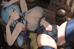 Rule 34 | 1girl, armpits, arms up, bad id, bad pixiv id, bare arms, bare shoulders, beer keg, black leotard, blue hair, blue thighhighs, blush, breasts, breasts apart, brown eyes, center opening, closed mouth, eula (genshin impact), frown, genshin impact, hairband, highleg, highres, huge filesize, large breasts, leotard, long hair, looking at viewer, lying, navel, nose blush, nvl, on back, revealing clothes, solo, stomach, sweat, thighhighs, thighs, yellow eyes