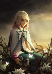 Rule 34 | 1boy, blonde hair, blue eyes, bracelet, capelet, closed mouth, cloud, cloudy sky, dress shirt, flower, grey pants, jewelry, kazuko (towa), long hair, male focus, mithos yggdrasill, outdoors, pants, shirt, sitting, sky, solo, straight hair, tales of (series), tales of symphonia, white capelet, white flower, white shirt