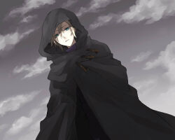 Rule 34 | 1boy, alternate costume, bisukorokoro, black robe, blonde hair, blue eyes, cloud, cloud strife, cloudy sky, expressionless, final fantasy, final fantasy vii, grey sky, high collar, hood, hood up, hooded robe, male focus, outdoors, robe, short hair, sky, solo, standing, third-party source, turtleneck, upper body