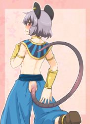 Rule 34 | 1girl, alternate costume, animal ears, back, beerus, beerus (cosplay), blush, bracer, choker, clothing cutout, cosplay, dra (area-s), dragon ball, dragon ball z kami to kami, dragonball z, egyptian clothes, from behind, god of destruction beerus, god of destruction beerus (cosplay), grey hair, hakaishin bills, hakaishin bills (cosplay), mouse ears, mouse tail, nazrin, red eyes, short hair, simple background, solo, sweatdrop, tail, tail through clothes, touhou