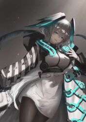 Rule 34 | 1girl, absurdres, aqua eyes, arknights, black pantyhose, breasts, coat, cowboy shot, dress, dutch angle, fingerless gloves, gloves, grey background, grey hair, hair between eyes, hand up, head wings, hetare galm sue, highres, ho&#039;olheyak (arknights), long sleeves, looking at viewer, medium breasts, medium hair, open clothes, open coat, pantyhose, parted lips, simple background, smile, snake tail, solo, tail, white coat, white dress, white gloves, wings
