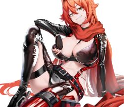 Rule 34 | 1girl, absurdres, belt, between breasts, black belt, black gloves, black jacket, black pants, breasts, cleavage, commentary request, cropped jacket, crotch plate, fingerless gloves, gloves, goddess of victory: nikke, grin, hair between eyes, highres, hip vent, holster, jacket, knee up, large breasts, leather, leather jacket, leather pants, long hair, long sleeves, looking at viewer, navel, pants, red hair, red hood (nikke), red scarf, scarf, sebakanken, sidelocks, simple background, sitting, skindentation, smile, solo, stomach, strap between breasts, suspenders, teeth, thigh holster, unzipped, very long hair, white background, yellow eyes