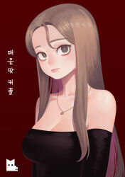 Rule 34 | 1girl, absurdres, bags under eyes, bare shoulders, black dress, black gloves, breasts, brown hair, cleavage, dress, elbow gloves, gloves, han jia, highres, jewelry, large breasts, long hair, looking at viewer, maybe meant to be, medium breasts, necklace, red background, sinssa4, solo