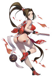 Rule 34 | 1girl, ass, blush, breasts, brown eyes, brown hair, closed mouth, commentary request, fatal fury, floral print, from behind, full body, hand fan, highres, holding, japanese clothes, leg up, long hair, looking at viewer, looking back, medium breasts, ninja, obi, parted bangs, pelvic curtain, ponytail, revealing clothes, sash, shiny skin, shiranui mai, shop p, simple background, sleeveless, socks, solo, the king of fighters, thighs, white background