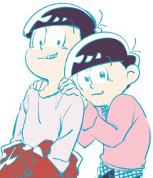 Rule 34 | 10s, 2boys, 720 72, :3, alternate costume, black hair, brothers, casual, clothes around waist, hands in pockets, hands on shoulders, jacket, jacket around waist, layered clothes, long sleeves, lowres, male focus, matsuno osomatsu, matsuno todomatsu, multiple boys, osomatsu-kun, osomatsu-san, osomatsu (series), siblings, simple background, smile, sweater, white background