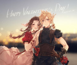 Rule 34 | 1boy, 1girl, aerith gainsborough, armor, bag, blonde hair, blue eyes, bow, box, box of chocolates, bracelet, bracer, braid, braided ponytail, brown hair, cloud strife, dress, final fantasy, final fantasy vii, flower, frilled dress, frills, green eyes, hair bow, hand on another&#039;s shoulder, happy valentine, heart-shaped box, highres, holding hands, jacket, jewelry, kieta, necklace, outdoors, parted bangs, pauldrons, pink dress, puffy short sleeves, puffy sleeves, red jacket, red ribbon, ribbon, rose, shopping bag, short sleeves, shoulder armor, single pauldron, sleeveless, sleeveless turtleneck, spiked hair, turtleneck, upper body, v