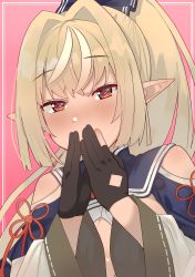 Rule 34 | 1girl, absurdres, ahoge, black gloves, blonde hair, blush, breasts, cleavage, cleavage cutout, clothing cutout, covering own mouth, dark-skinned female, dark skin, gloves, hair ribbon, heart, heart-shaped pupils, highres, hololive, long hair, looking at viewer, medium breasts, pink background, pointy ears, ponytail, red eyes, ribbon, shiranui flare, shiranui flare (old design), shoulder cutout, simple background, solo, symbol-shaped pupils, tonarikeru, upper body, virtual youtuber, wide sleeves