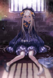 Rule 34 | 1girl, abigail williams (fate), bars, black bow, black dress, black footwear, black hat, blonde hair, blue eyes, bow, bowl, brick wall, bug, butterfly, chain, commentary request, cuffs, day, dress, fate/grand order, fate (series), food, forehead, full body, hair bow, hat, high heels, indoors, insect, long hair, long sleeves, looking at viewer, mary janes, multiple hair bows, on floor, orange bow, parted bangs, parted lips, polka dot, polka dot bow, shoe dangle, shoes, signature, sitting, sleeves past fingers, sleeves past wrists, solo, spoon, sunlight, tray, tyone, very long hair