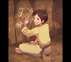 Rule 34 | 1boy, aged up, barefoot, black hair, cave, cave paintings, drawing, ice age (movie), indian style, looking at viewer, looking back, male focus, open mouth, personification, roshan (ice age), sitting, solo, t k g