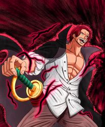 Rule 34 | 1boy, abs, amputee, beard, black cape, cape, facial hair, haki, highres, looking away, male focus, mature male, muscular, muscular male, one piece, pectorals, pirate, pirate costume, red eyes, red hair, scar, shanks (one piece), shirt, short hair, smile, solo, sword, weapon, white shirt