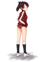 Rule 34 | 10s, 1girl, a9b (louis814), alternate costume, ass, brown eyes, brown hair, buruma, full body, gym uniform, hair ribbon, hands in pockets, highres, jacket, kantai collection, kneehighs, open mouth, ponytail, ribbon, shikinami (kancolle), shoes, short hair, simple background, socks, solo, track jacket, track suit