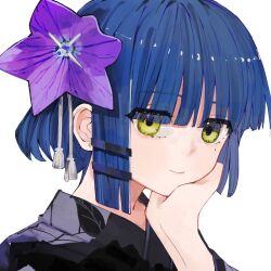 1girl black_kimono blue_hair blunt_bangs bocchi_the_rock! closed_mouth earrings flower hair_flower hair_ornament hand_on_own_chin highres japanese_clothes jewelry kimono leaf_print looking_at_viewer maegami_(daisuki_oekaki1) mole mole_under_eye portrait purple_flower short_hair simple_background smile solo stud_earrings white_background yamada_ryo yellow_eyes