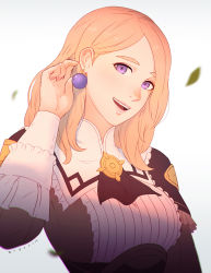 Rule 34 | 1girl, :d, artist name, blonde hair, earrings, falling leaves, fire emblem, fire emblem: three houses, fire emblem warriors, fire emblem warriors: three hopes, head tilt, highres, jewelry, koyorin, leaf, long sleeves, looking at viewer, medium hair, mercedes von martritz, nintendo, open mouth, purple eyes, simple background, smile, solo, thick eyebrows, upper body, white background