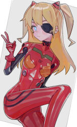 Rule 34 | 1girl, absurdres, blonde hair, blue eyes, bodysuit, cowboy shot, eyepatch, gloves, highres, latex, latex bodysuit, latex gloves, long hair, neon genesis evangelion, plugsuit, red gloves, saaal653, simple background, solo, souryuu asuka langley, twintails, v, white background