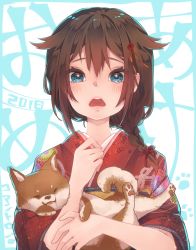 Rule 34 | 1girl, 2018, akeome, alternate costume, animal, blue eyes, blush, braid, brown hair, chinese zodiac, cointreau, dog, hair flaps, hair ornament, hair ribbon, hairpin, happy new year, holding, holding animal, japanese clothes, kantai collection, kimono, lips, long hair, looking at viewer, new year, open mouth, ribbon, round teeth, shigure (kancolle), shigure kai ni (kancolle), single braid, solo, tearing up, tears, teeth, tongue, tongue out, upper body, year of the dog