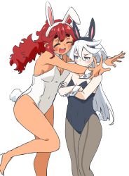 Rule 34 | 2girls, absurdres, animal ears, bare legs, be go ichi, black leotard, blush, breasts, cleavage, covered navel, crossed arms, detached collar, fake animal ears, fake tail, grey hair, gundam, gundam suisei no majo, happy, highres, hug, leotard, medium breasts, miorine rembran, multiple girls, open mouth, panties, playboy bunny, rabbit ears, rabbit tail, red hair, small breasts, smile, strapless, strapless leotard, suletta mercury, tail, thick eyebrows, thighs, underwear, wrist cuffs, yuri