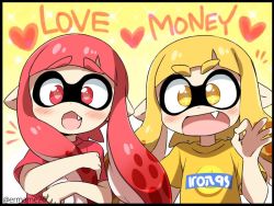 Rule 34 | 2girls, :d, black border, blonde hair, blush, border, english text, eromame, fang, heart, heart-shaped pupils, hugging object, inkling, inkling girl, inkling player character, money-shaped pupils, multiple girls, nintendo, open mouth, pointy ears, red eyes, red hair, shirt, smile, splatoon (series), splatoon 1, symbol-shaped pupils, tentacle hair, yellow eyes, yen sign