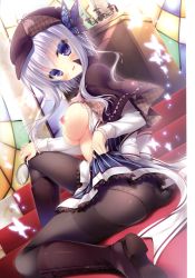 Rule 34 | 1girl, absurdres, ass, black pantyhose, blue eyes, blush, boots, bra, bra lift, breasts, butterfly hair ornament, cabbie hat, cabbit, capelet, clothes lift, hair ornament, hakoniwa logic, hat, highres, knee up, light purple hair, long sleeves, maezono kirika, magnifying glass, nipples, open clothes, open shirt, panties, panties under pantyhose, pantyhose, pink bra, shirt, sitting, skirt, skirt lift, stairs, thighband pantyhose, underwear, yukie, yukie (peach candy)