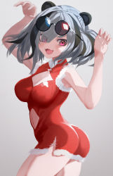 Rule 34 | 1girl, alternate costume, animal ears, arknights, ass, asymmetrical eyewear, black hair, blush, breasts, claw pose, cleavage, cleavage cutout, clothing cutout, commentary, cowboy shot, dress, eigo ichii, eyes visible through hair, eyewear on head, feater (arknights), fur-trimmed dress, fur trim, grey background, hair between eyes, highres, looking at viewer, medium breasts, medium hair, multicolored hair, navel cutout, open mouth, panda ears, pink eyes, red dress, santa costume, santa dress, short dress, silver hair, simple background, sleeveless, sleeveless dress, smile, solo, standing, streaked hair, thick eyebrows, thighs, tinted eyewear, twintails, twisted torso, two-tone hair