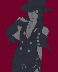 Rule 34 | 1other, androgynous, ascot, asymmetrical sleeves, bare shoulders, black hair, black headwear, cowboy shot, fingerless gloves, gloves, guilty gear, guilty gear strive, hat, long hair, looking at viewer, other focus, red background, red eyes, testament (guilty gear), top hat, white ascot, white gloves, yszlr