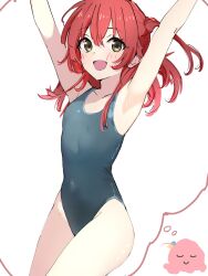 Rule 34 | 1girl, alternate costume, armpits, arms up, blue one-piece swimsuit, blush, bocchi the rock!, breasts, commentary request, creature, gotoh hitori, gotoh hitori (octopus), green eyes, hair between eyes, highres, imagining, kita ikuyo, looking at viewer, medium hair, one-piece swimsuit, one side up, open mouth, red hair, simple background, small breasts, smile, swimsuit, thighs, thought bubble, ukitaryu, white background