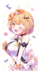 Rule 34 | 1girl, ;d, ahoge, animal, bare shoulders, bat (animal), blonde hair, blush, bow, breasts, brown eyes, commentary request, dated, fang, gloves, hair ornament, hairclip, hand up, heart, highres, hololive, ittokyu, looking at viewer, medium breasts, navel, one eye closed, open mouth, pleated skirt, polka dot, shirt, short hair, signature, simple background, skirt, sleeveless, sleeveless shirt, smile, solo, virtual youtuber, white background, white bow, white gloves, white shirt, white skirt, yozora mel