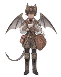 Rule 34 | 1boy, :&lt;, absurdres, bag, black footwear, black hair, boots, brown bag, brown hat, brown shirt, brown shorts, cabbie hat, closed mouth, commentary, cropped jacket, dragon boy, dragon horns, dragon tail, dragon wings, full body, hands up, hat, highres, holding, holding notepad, holding pen, horns, horns through headwear, jacket, long sleeves, male focus, messenger bag, napal (ve xillum), notepad, open clothes, open jacket, original, pen, pointy ears, puffy long sleeves, puffy sleeves, shirt, short hair, shorts, shoulder bag, sideways glance, simple background, slit pupils, solo, standing, straight-on, symbol-only commentary, tail, white background, white jacket, wings, yellow eyes