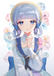 Rule 34 | 1girl, ayaka (genshin impact), back bow, blue eyes, blue flower, blunt bangs, blunt tresses, bow, braid, braided hair rings, brown hat, butterfly hair ornament, clenched hand, closed mouth, collar, commentary, crown braid, detached collar, dress, floral background, flower, genshin impact, gold trim, grey hair, hair flower, hair ornament, hair rings, hand up, harushio, hat, highres, kamisato ayaka, kamisato ayaka (springbloom missive), long sleeves, mole, mole under eye, multicolored clothes, multicolored dress, official alternate costume, official alternate hairstyle, pink flower, puffy long sleeves, puffy sleeves, simple background, smile, solo, upper body, white background, white collar, white dress, white flower
