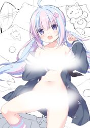 Rule 34 | 1girl, :d, ahoge, black jacket, blue archive, blue hair, blush, censored, commentary request, feet out of frame, hair between eyes, hair ornament, heart, highres, jacket, light censor, long hair, long sleeves, low twintails, multicolored hair, naked jacket, navel, off shoulder, open clothes, open jacket, open mouth, pillow, pink hair, pink socks, puffy long sleeves, puffy sleeves, purple eyes, reisa (blue archive), sakuraba hikaru (loveindog), sleeves past wrists, smile, socks, solo, star (symbol), star hair ornament, striped clothes, striped socks, stuffed animal, stuffed cat, stuffed toy, twintails, two-tone hair, unfinished, v-shaped eyebrows, very long hair