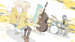 Rule 34 | 2boys, 2girls, aqua hair, blonde hair, blue hair, blush stickers, bow, commentary, cymbals, double bass, dress, drum, drum set, drumsticks, closed eyes, gyari (imagesdawn), hair bow, hair ornament, hairclip, hat, hatsune miku, highres, hood, hoodie, instrument, jacket, kagamine len, kagamine rin, kaito (vocaloid), keyboard (instrument), long hair, mini hat, mini top hat, multiple boys, multiple girls, music, playing instrument, sandals, scarf, short hair, sitting, smile, string bass, suit, top hat, transparent, twintails, very long hair, vocaloid, yellow dress, yellow headwear, yellow hoodie, yellow jacket, yellow suit
