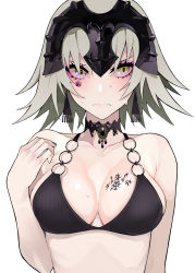 Rule 34 | 1girl, bare arms, bare shoulders, bikini, black bikini, blush, breasts, brown eyes, cleavage, closed mouth, collarbone, commentary request, fate/grand order, fate (series), fingernails, grey hair, hair between eyes, hand up, headpiece, highres, jeanne d&#039;arc (fate), jeanne d&#039;arc alter (avenger) (fate), jeanne d&#039;arc alter (fate), lam (ramdayo), medium breasts, nail polish, purple nails, simple background, solo, sweat, swimsuit, upper body, v-shaped eyebrows, white background