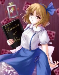 Rule 34 | alice margatroid, alice margatroid (pc-98), blonde hair, blue hairband, blue skirt, book, bow, breasts, crown, frilled shirt collar, frilled skirt, frills, grimoire of alice, hairband, holding, holding book, long skirt, nail, nail polish, open mouth, pink nails, puffy short sleeves, puffy sleeves, riria (liry a flower), shirt, short hair, short sleeves, skirt, small breasts, staff, touhou, touhou (pc-98), trump king, white bow, white shirt, yellow eyes