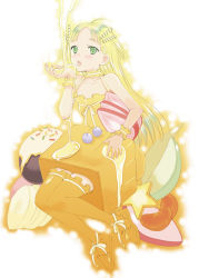 Rule 34 | 1girl, ahoge, blonde hair, blueberry, food, food-themed clothes, fruit, green eyes, kazuto izumi, licking, multicolored hair, orange theme, original, ribbon, solo, sprinkles, star (symbol), strawberry, syrup, thighhighs, tongue