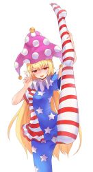 Rule 34 | 1girl, :d, american flag dress, american flag legwear, blonde hair, blush, breasts, clownpiece, commentary request, fen zuo, hand on own leg, hat, highres, jester cap, kneepits, leg up, long hair, neck ruff, open mouth, panties, pantyhose, pink eyes, polka dot, purple hat, simple background, small breasts, smile, solo, split, standing, standing on one leg, standing split, star (symbol), star print, striped clothes, striped panties, sweatdrop, touhou, underwear, v, white background