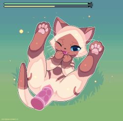 Rule 34 | 1girl, animal hands, animated, animated gif, ass, blue eyes, cat, closed eyes, cum, cum in pussy, disembodied penis, ejaculation, eyelashes, fang, felyne, field, furry, gameplay mechanics, happy, happy sex, kemocamotli, legs up, lying, monster hunter (series), no humans, nude, one eye closed, open mouth, orgasm, pawpads, penis, pixel art, pussy, pussy juice, sex, smile, spread legs, stomach bulge, tail, uncensored, vaginal, whiskers