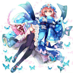 Rule 34 | 1girl, black thighhighs, blush, breasts, bug, butterfly, closed mouth, folding fan, frills, full body, garter straps, hair between eyes, hand fan, hat, holding, holding fan, insect, japanese clothes, kimono, large breasts, long sleeves, mob cap, nagare, obi, petals, pink eyes, pink hair, saigyouji yuyuko, sash, shoes, short hair, smile, solo, thighhighs, touhou, triangular headpiece, wide sleeves