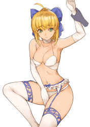 Rule 34 | 1girl, ahoge, arm grab, armpits, artoria pendragon (all), artoria pendragon (fate), bare shoulders, between legs, blonde hair, blue bow, bow, bra, breasts, collarbone, commentary request, elbow gloves, fate/grand order, fate (series), frown, garter belt, gloves, green eyes, hair bow, looking at viewer, md5 mismatch, panties, ponytail, resolution mismatch, revision, saber (fate), simple background, sitting, small breasts, solo focus, source larger, thighhighs, tsuki suigetsu, underwear, underwear only, white background, white bra, white gloves, white panties, white thighhighs