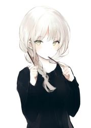 Rule 34 | 1girl, black sweater, blush, braid, closed mouth, eating, food, green eyes, hair over shoulder, holding, long hair, long sleeves, looking at viewer, lpip, original, pocky, pocky day, side braid, silver hair, simple background, single braid, solo, sweater, upper body, white background