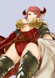 Rule 34 | 10s, 1girl, absurdres, animal ears, animal print, ao (aocooler), bikini, bikini top only, breasts, cape, cow ears, cow horns, cowboy shot, draph, from below, granblue fantasy, highres, horns, large breasts, leopard print, leotard, looking away, looking to the side, outline, pink hair, purple background, red eyes, short hair, simple background, solo, sturm (granblue fantasy), swimsuit