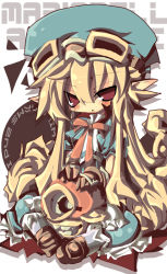 Rule 34 | 1girl, apron, blonde hair, blue hat, bow, curly hair, dango mushi, dress, flipped hair, full body, gloves, goggles, goggles on head, hat, long hair, marivel armitage, pointy ears, red eyes, ribbon, shoes, sidelocks, sitting, solo, vampire, wild arms, wild arms 2