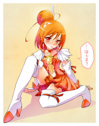 Rule 34 | 10s, 1girl, 3:, bike shorts, bike shorts under skirt, boots, bow, bowtie, brooch, choker, cure sunny, dress, frown, full body, hair bun, hino akane (smile precure!), jewelry, magical girl, minimaru, orange background, orange bow, orange bowtie, orange dress, orange hair, orange skirt, precure, red eyes, red shorts, short hair, shorts, shorts under skirt, signature, single hair bun, sitting, skirt, smile precure!, solo, sweat, thigh boots, thighhighs, white thighhighs