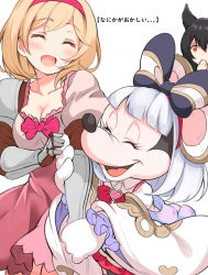 Rule 34 | 1boy, 2girls, :d, ^ ^, animal ears, bad id, bad pixiv id, black bow, black hair, blonde hair, blush, bow, breasts, brooch, cleavage, closed eyes, commentary request, cosplay, disney, djeeta (granblue fantasy), dress, gauntlets, gloves, granblue fantasy, hair between eyes, hairband, hand to own mouth, heart, heart brooch, highres, jewelry, long sleeves, medium breasts, mickey mouse, mouse ears, multiple girls, nier (granblue fantasy), open mouth, parted lips, pilokey, pink dress, puffy short sleeves, puffy sleeves, red eyes, red hairband, shirt, short sleeves, silver hair, simple background, smile, striped, striped bow, translation request, vikala (granblue fantasy), vikala (granblue fantasy) (cosplay), white background, white gloves, white shirt, wide sleeves