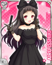 Rule 34 | 1girl, :d, bare shoulders, black bow, black dress, black gloves, black hair, bow, character name, collarbone, dress, folding fan, girlfriend (kari), gloves, hair bow, hand fan, isshiki airu, long hair, official art, open mouth, pink background, qp:flapper, red eyes, side ponytail, smile, tagme